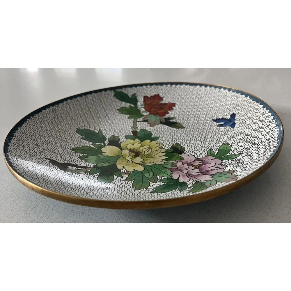 Vintage Chinese Cloisonné Plate Floral Blue Bird Brass Enamel 9